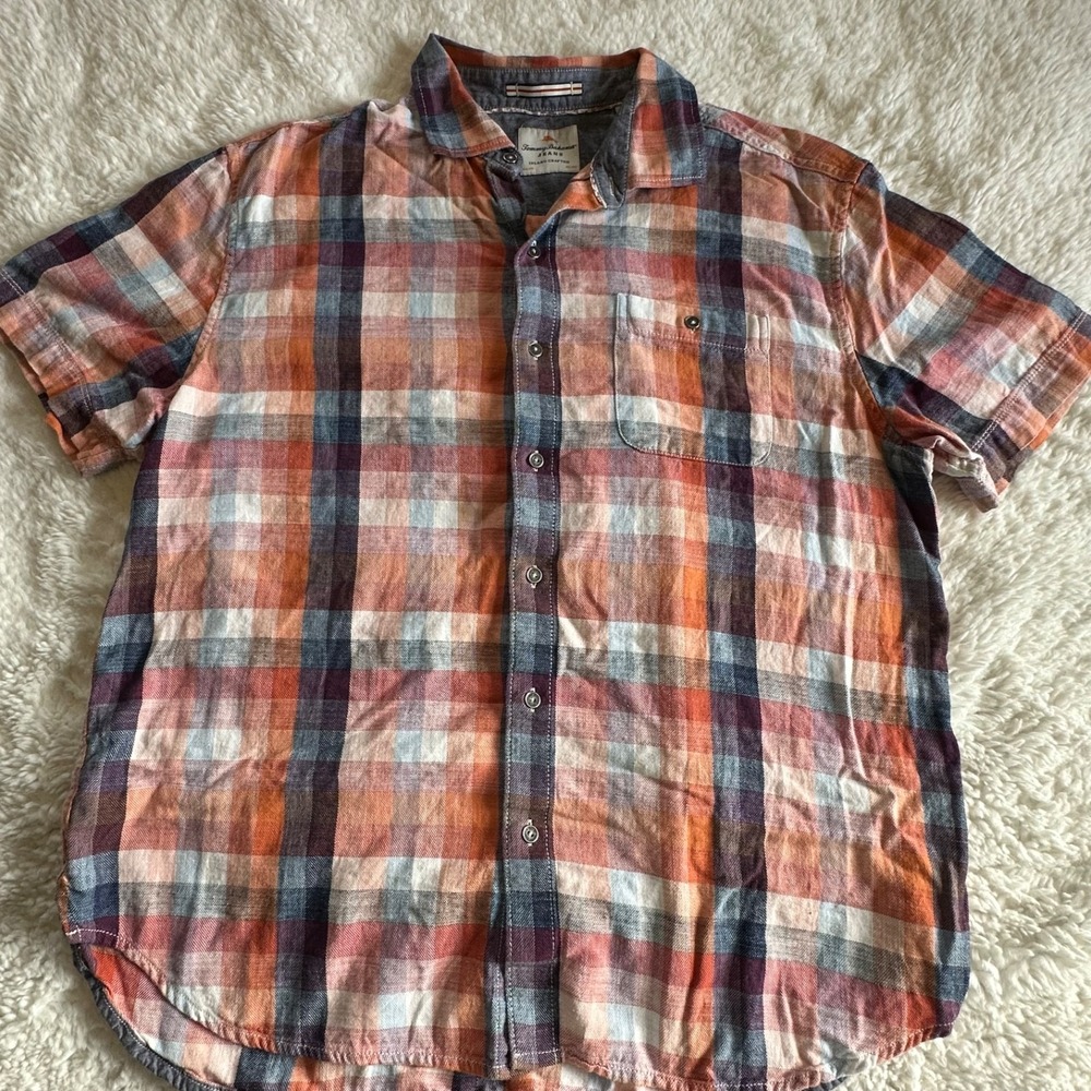 Tommy Bahama Jeans Shirt Mens XL Orange Blue Plaid Short‎ Sleeve 100% Cotton